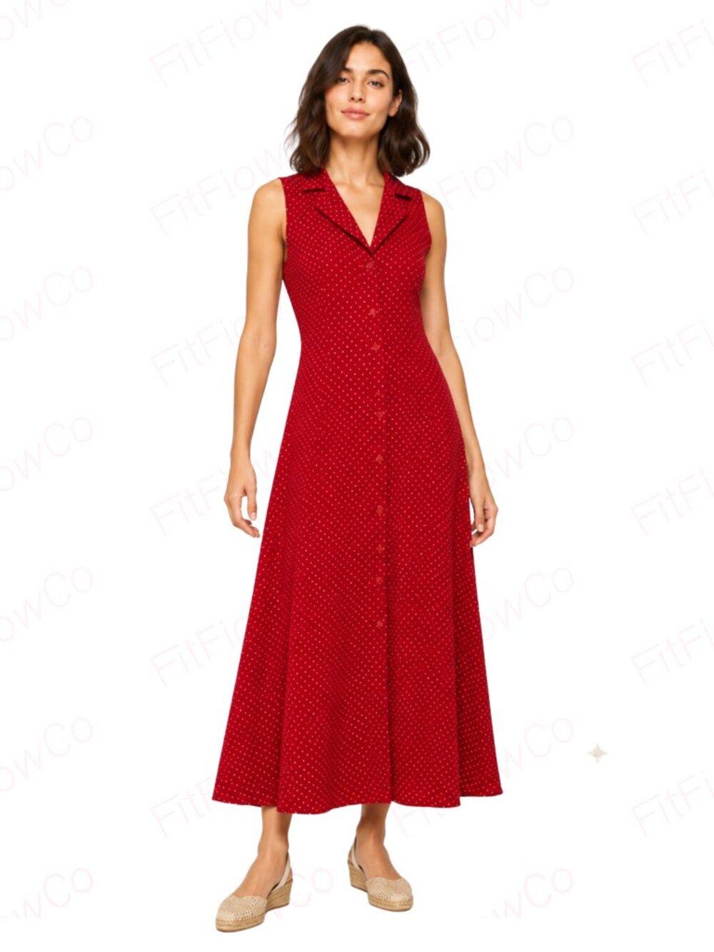 Vintage Bentley Red Polka Dot Button Front Midi Maxi Dress M 90s